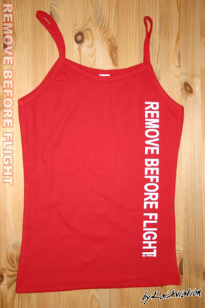 Top Spaghetti Remove before flight imprim� blanc sur fond rouge