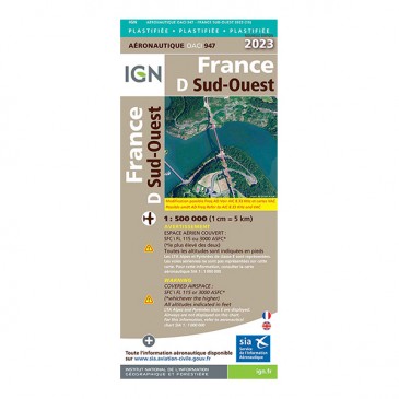 Carte IGN OACI 2023 France plastifiée Sud-Ouest