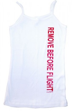 Top Spaghetti Remove before flight imprimé rouge sur fond blanc Top Spaghetti Remove before flight imprimé rouge sur fond blanc