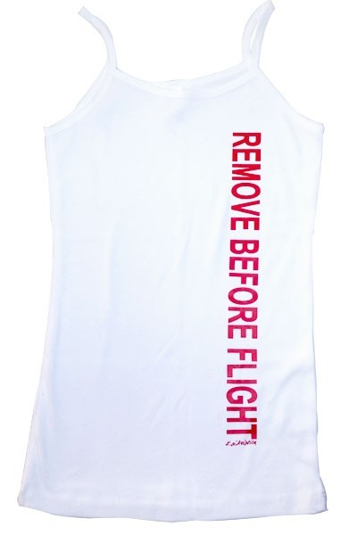 Top Spaghetti Remove before flight imprimé rouge sur fond blanc