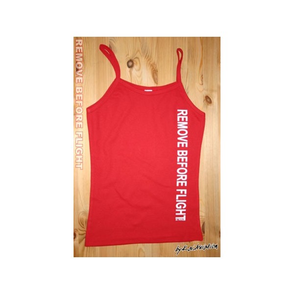 Top Spaghetti Remove before flight imprimé blanc sur fond rouge