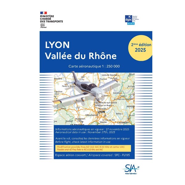 Carte VFR SIA 2024 au 1:250 000 - Lyon, Vallée du Rhône Carte VFR SIA 2024 au 1:250 000 - Lyon, Vallée du Rhône